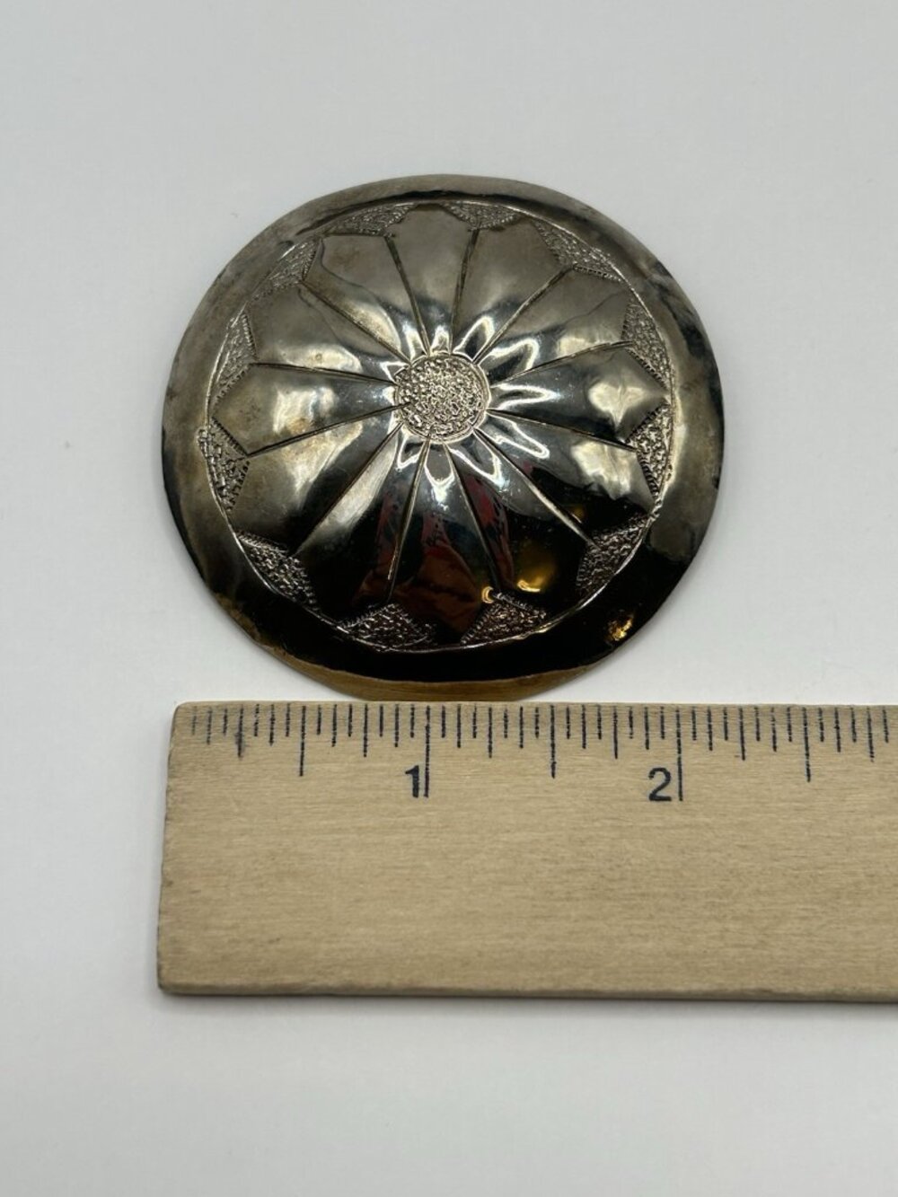 Vintage Silver Tone Floral Dome Pendant Large Etched Metal Statement Western - Picture 10 of 10